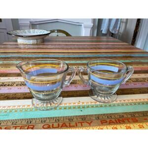 VINTAGE Depression Glass Clear w/Blue & Gold Stripes Cream & Sugar Set